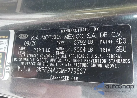 2021 Kia Forte Lxs из США, поврежденный, VIN 3KPF24AD0ME279637